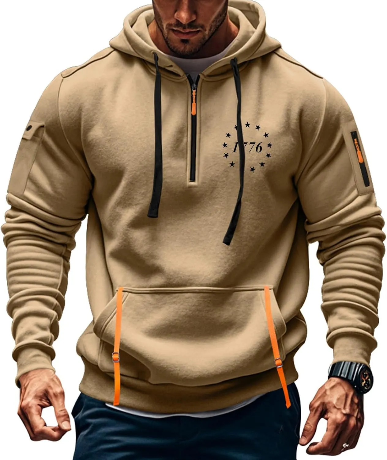 ZEFOTIM Workout Hoodies for Men Drawstring Quarter Zip Sweatshirts 1776 American Sweatshirt Lounge Pullover with Pockets