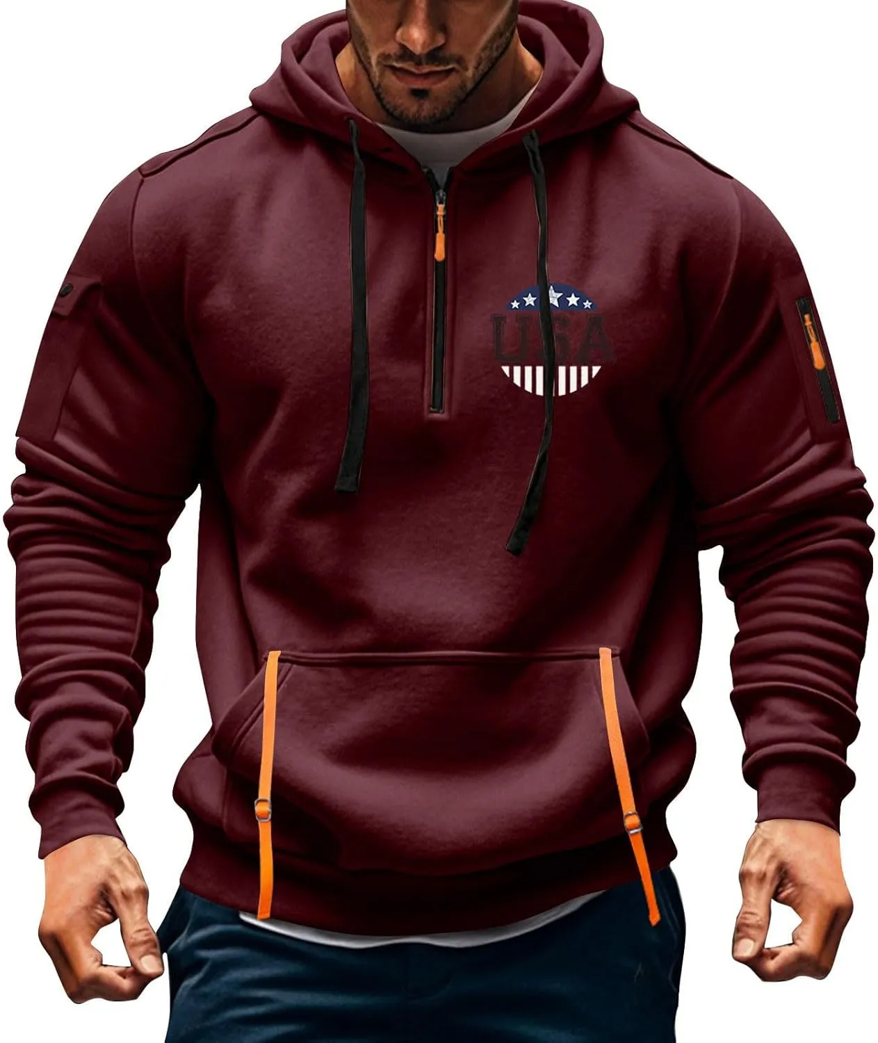 ZEFOTIM Workout Hoodies for Men Drawstring Quarter Zip Sweatshirts 1776 American Sweatshirt Lounge Pullover with Pockets