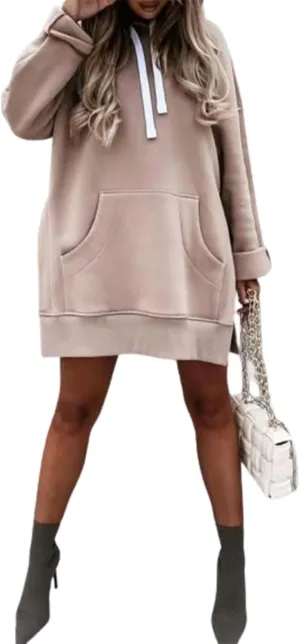 ZOCANIA Women Hoodie Dress Long Sleeve Split Slit Long Sweatshirt Drawstring Fleece Hooded Pullover with Kangaroo Pocket