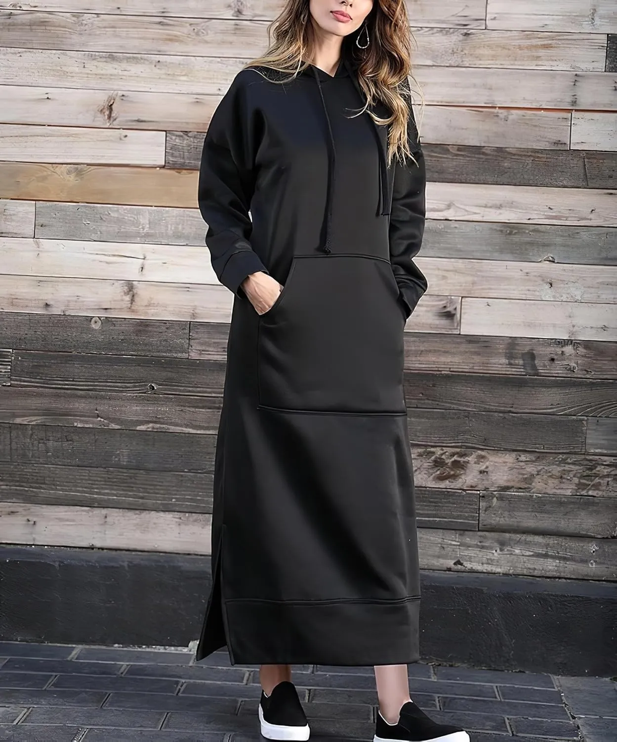 ZOCANIA Womens Maxi Hoodie Dress Oversized V Neck Drawstring Long Pullover Sweatshirt Long Sleeve Loose Fit Overall Dress