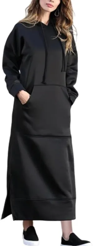 ZOCANIA Womens Maxi Hoodie Dress Oversized V Neck Drawstring Long Pullover Sweatshirt Long Sleeve Loose Fit Overall Dress