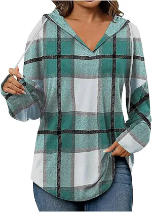 ZWRXW Womens Plaid Hoodies Oversized Drawstring Long Sleeve Pullover Casual Loose Fit V Neck Shirts Fashion Tunic Tops