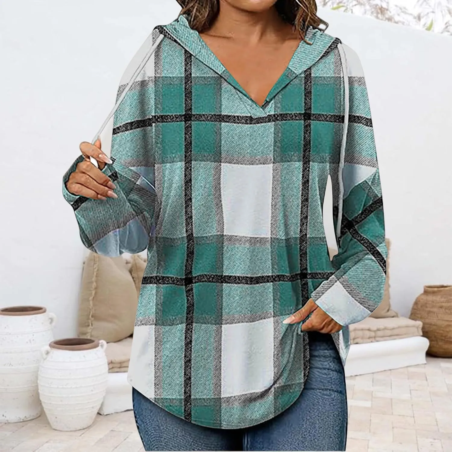 ZWRXW Womens Plaid Hoodies Oversized Drawstring Long Sleeve Pullover Casual Loose Fit V Neck Shirts Fashion Tunic Tops