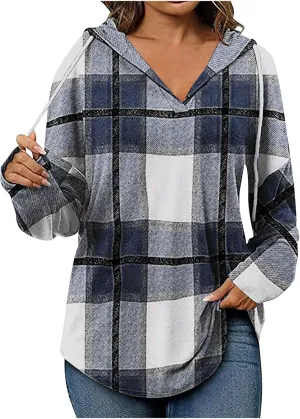ZWRXW Womens Plaid Hoodies Oversized Drawstring Long Sleeve Pullover Casual Loose Fit V Neck Shirts Fashion Tunic Tops