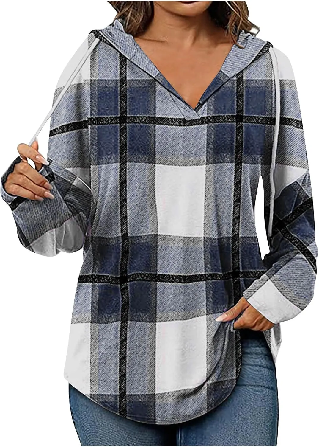 ZWRXW Womens Plaid Hoodies Oversized Drawstring Long Sleeve Pullover Casual Loose Fit V Neck Shirts Fashion Tunic Tops