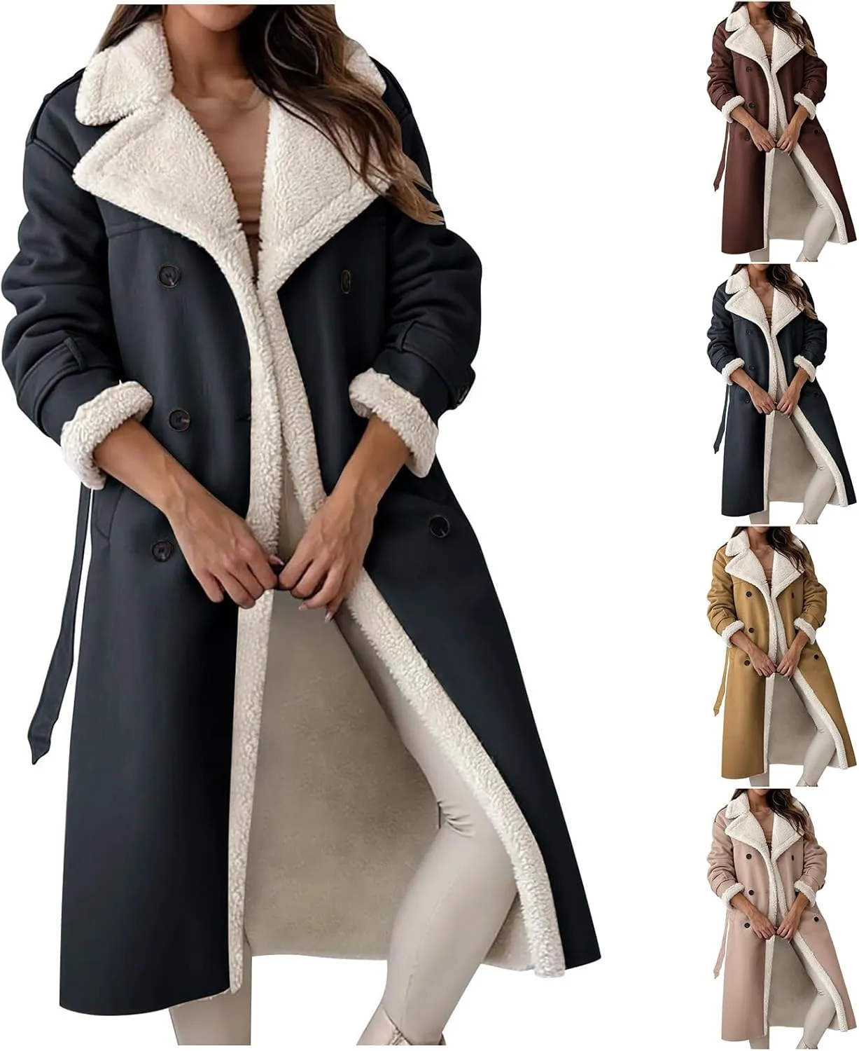 ZWRXW Womens Sherpa Lined Trench Coats Double Breasted Notched Lapel Pea Coats Winter Fleece Warm Outerwear with Belt