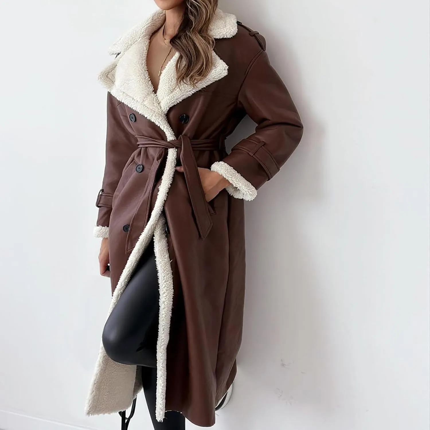 ZWRXW Womens Sherpa Lined Trench Coats Double Breasted Notched Lapel Pea Coats Winter Fleece Warm Outerwear with Belt