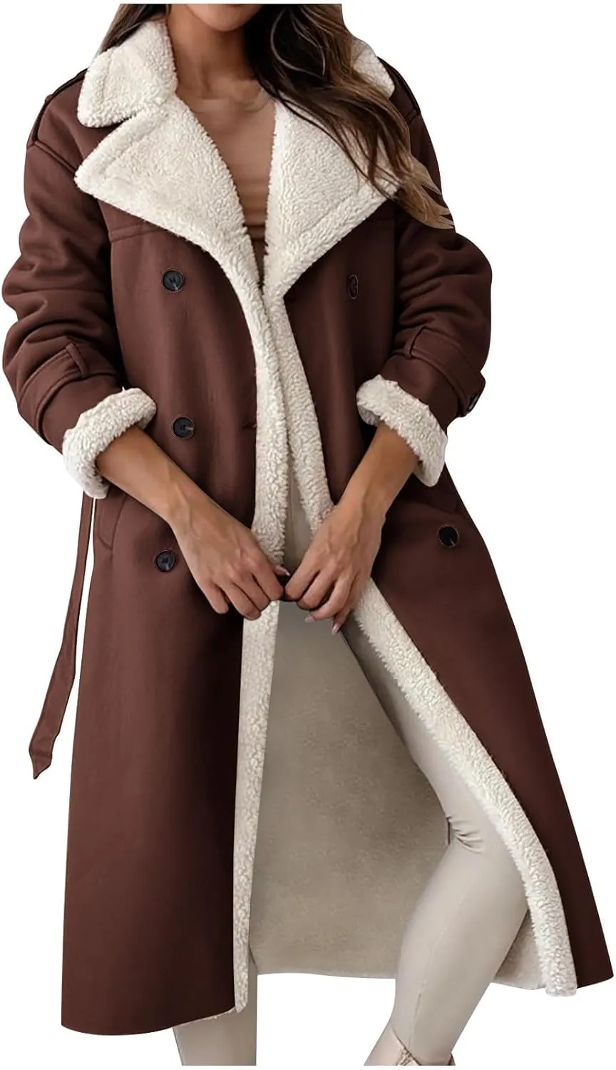 ZWRXW Womens Sherpa Lined Trench Coats Double Breasted Notched Lapel Pea Coats Winter Fleece Warm Outerwear with Belt