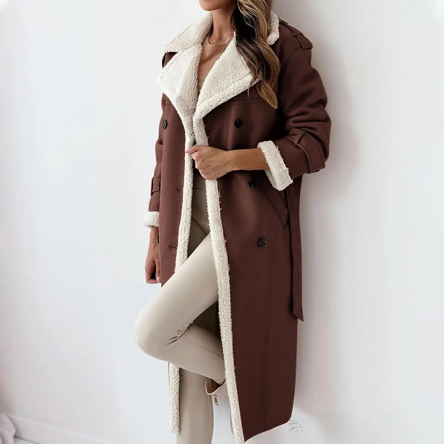 ZWRXW Womens Sherpa Lined Trench Coats Double Breasted Notched Lapel Pea Coats Winter Fleece Warm Outerwear with Belt